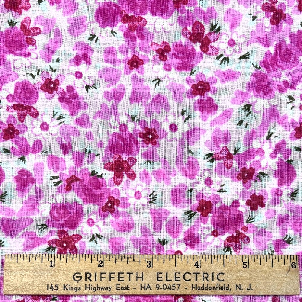 Pink Floral Fabric Roses Daisies Small Print Cotton 2 1/2 Yards